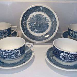Currier and Ives Vintage USA/ Cups and Saucers / Dinner Plates